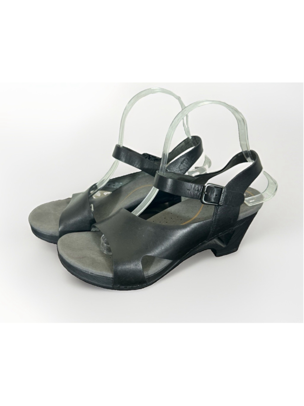 Dansko Tasha Leather Black Wedge Sandals 39/8 Boho Open Toe Slingback 3” Heel